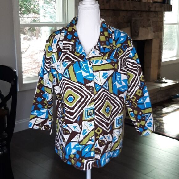 Mirror Image Quarter Sleeve Brown Blue and Green Print Jacket - Picture 1 of 6
